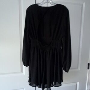 Dynamite Black Sheer Bubble Sleeve Mini Dress Ruffle Hem Open Back Size M